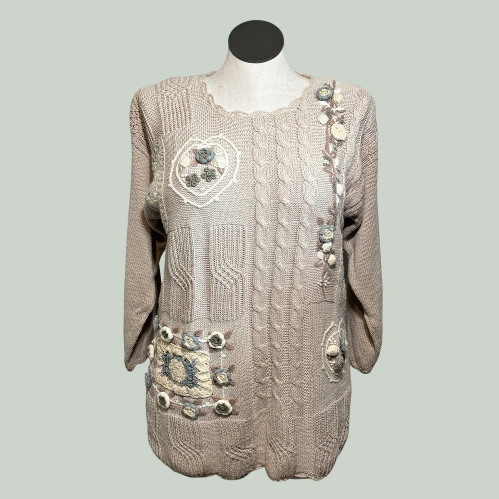 Women Sweater M Beige Cable Knit Tunic Floral Embroidered Artsy Grandmacore Boho